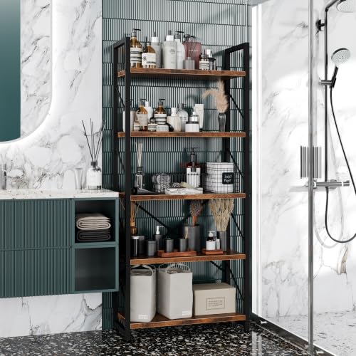 5 Tiers Bookshelf, Classically Tall Bookcase, Industrial Book Rack - color: Brown & Brown
