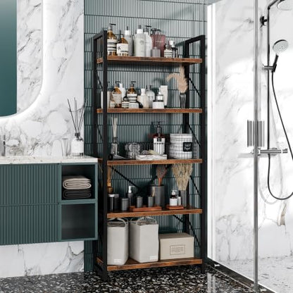 5 Tiers Bookshelf, Classically Tall Bookcase, Industrial Book Rack - color: Brown & Brown