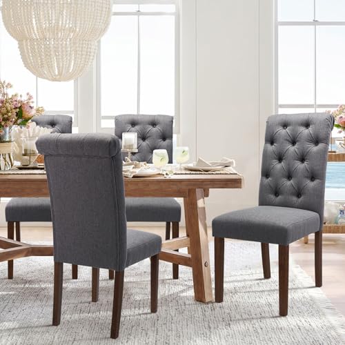 COLAMY Button Tufted Dining Chairs Set of 6, Accent Parsons Diner Upholstered Fabric Dining Room Stylish Kitchen Chairs with Solid Wood Legs and Padded Seat, Dark Grey - color: Dark Grey, size: set of 6