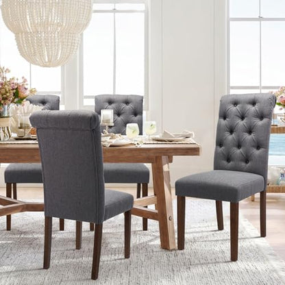 COLAMY Button Tufted Dining Chairs Set of 6, Accent Parsons Diner Upholstered Fabric Dining Room Stylish Kitchen Chairs with Solid Wood Legs and Padded Seat, Dark Grey - color: Dark Grey, size: set of 6