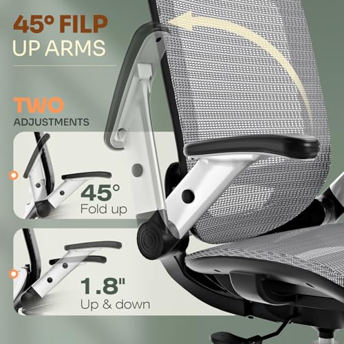GABRYLLY Ergonomic Office Chair, High Back Home Desk Chair with Headrest, Flip-Up Arms, 90-120° Tilt Lock and Wide Cushion, Big and Tall Mesh Chairs for Man Woman, Grey Task Chair - color: Grey