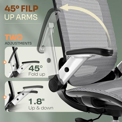 GABRYLLY Ergonomic Office Chair, High Back Home Desk Chair with Headrest, Flip-Up Arms, 90-120° Tilt Lock and Wide Cushion, Big and Tall Mesh Chairs for Man Woman, Grey Task Chair - color: Grey