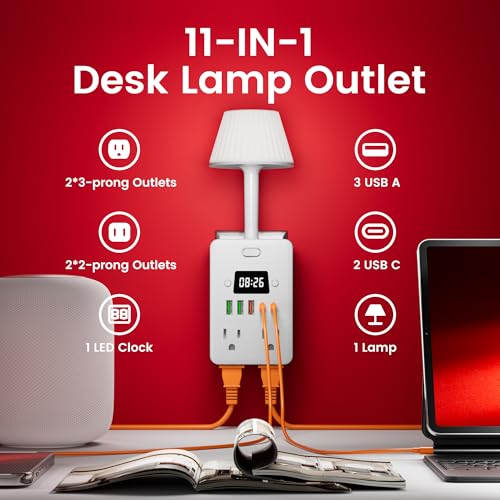 Bedside Power Strip with Lamp & Digital Clock, 4 Outlets 5 USB Ports (2 USBC), 3-Color Temperature Dimmable Bedside Nightstand Light, Multi Plug Outlet Extender for Bedroom Home Office, Coffee Counter - color: White