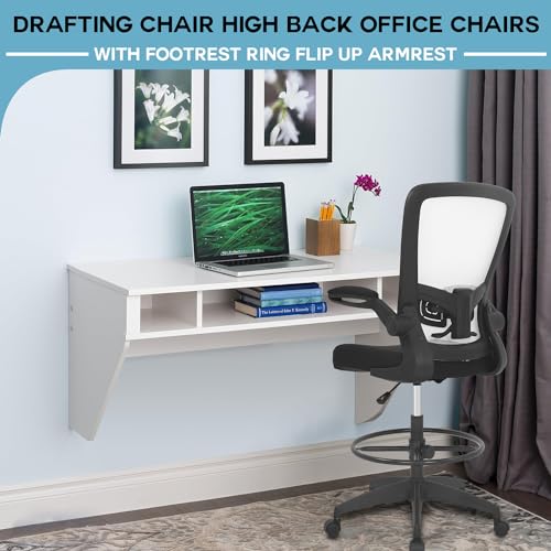 PayLessHere Ergonomic Drafting Chair Tall Office Chair High Adjustable Standing Desk Chair with Lumbar Support Mesh Back Footrest Flip-Up Arms for Office Computer Desk Standing Desk (White) - color: White