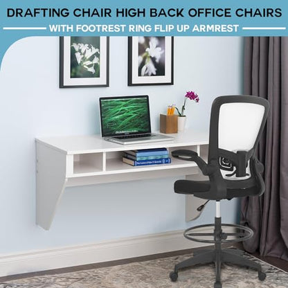 PayLessHere Ergonomic Drafting Chair Tall Office Chair High Adjustable Standing Desk Chair with Lumbar Support Mesh Back Footrest Flip-Up Arms for Office Computer Desk Standing Desk (White) - color: White