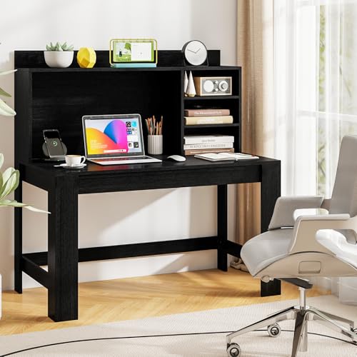 Tangkula Computer Desk with Hutch & Charging Station, Home Office Writing Study Desk with Storage Shelves, Cable Management Hole, Laptop Desk, Desk for Bedroom, Computer Workstation (Black) - color: Black