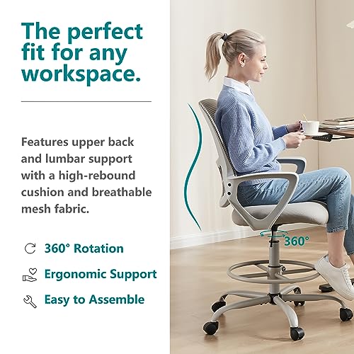 DUMOS Ergonomic Drafting Chair, Tall Office Chair for Standing Desk - color: Dove Gray, size: 18.49"D