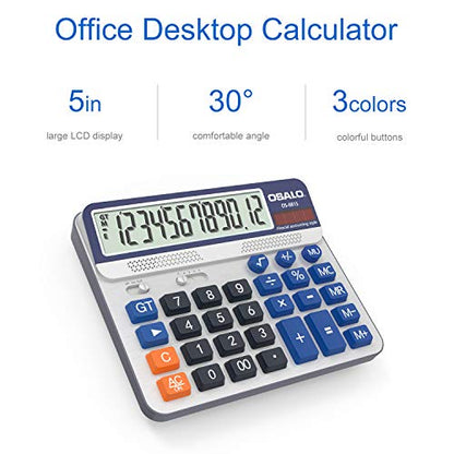 Desktop Calculator Extra Large 5-Inch LCD Display 12-Digit Big Number Accounting Calculator with Giant Response Button, Battery & Solar Powered, Perfect for Office Business Home Daily Use(OS-6815) | Calculators Desktop, Adding Machine for Office Accountin