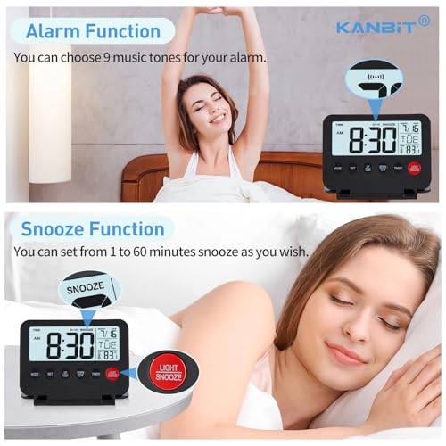 KANBIT Small Digital Travel Alarm Clock, Large LCD Display Front Button with Date & Temperature, Snooze and 8 Seconds Backlight AAA Battery Operated Desk Clock for Home & Office, Black - color: Black