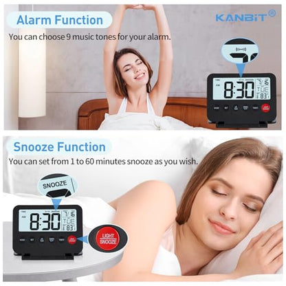 KANBIT Small Digital Travel Alarm Clock, Large LCD Display Front Button with Date & Temperature, Snooze and 8 Seconds Backlight AAA Battery Operated Desk Clock for Home & Office, Black - color: Black