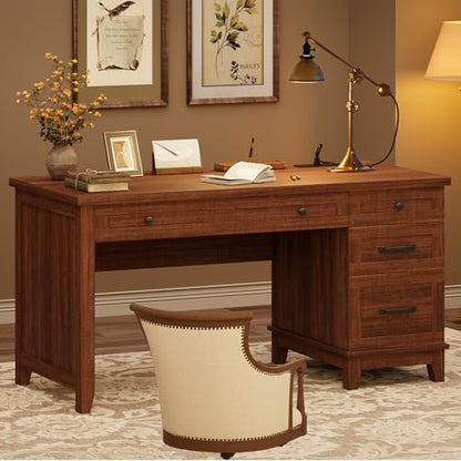 53.5" Executive Desk with Power Outlet, Home Office Desk with Drawers, Wooden Work Desk with File Cabinet, Computer Desk for Work, Study, Writing, Brown - color: Brown