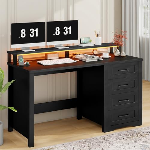 Vabches 47" Farmhouse Executive Desk with 4 Drawers,LED Lights, Pure Black - color: Pure Black, size: 4 Drawers & Monitor Stand