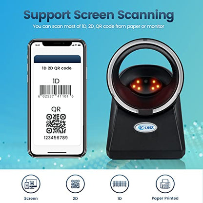 OBZ Desktop Barcode Scanne Hands-Free USB Desktop Automatic QR Code Reader | Omnidirectional Automatic scanning,Compatible with Windows,Android,Linux,MAC,1D,2D Codes in Retail Checkout use,2M USB Wired - style: Circle