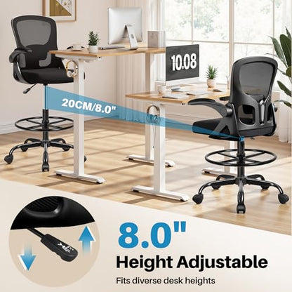 Drafting Chair Tall Office Chair for Standing Desk - Ergonomic Computer Work Stool with Flip-up Arms, Foot Ring & Adjustable Lumbar Support. Ideal for Studio, Artist, Engineer, & Study (Black)