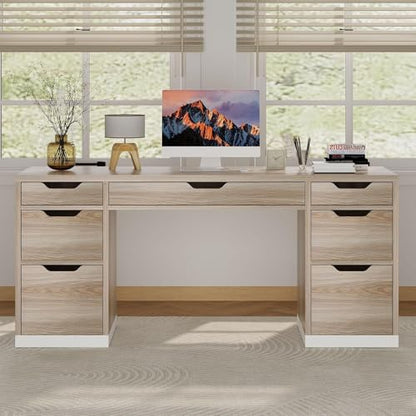 Computer Desk with 7 Drawers, Home Office Desk with Storage, Light Walnut | 54 Inch Writing Desk with 7 Drawers for Small Spaces, Study Desk for Bedroom