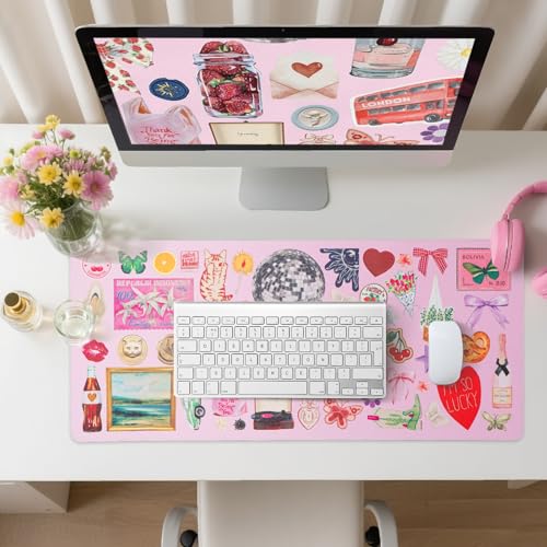 Pink Desk Mat, Leather Desk Pad Blotter Protector, XXL Large Mouse Pad,Computer Laptop Mouse Pads for Desktop,Waterproof Writing Anti-Slip Mousepad for Office and Home I Colorful Stickers - color: Colorful Stickers
