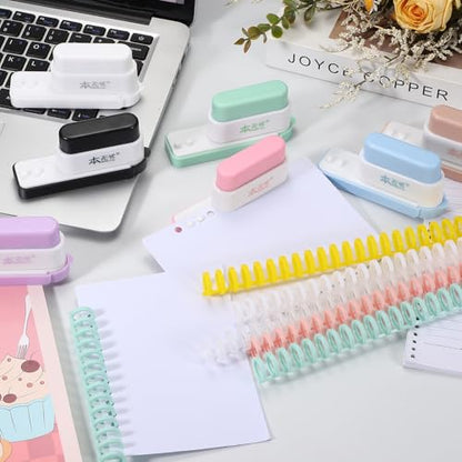 PATIKIL 5 Hole Paper Puncher, Hole Punch Binding Machine Spiral Coil Binder with 10Pcs 30 Ring Loose Leaf Binder Spines 5 Sheets Capacity for DIY Planner Scrapbook Office, Pink - color: Pink