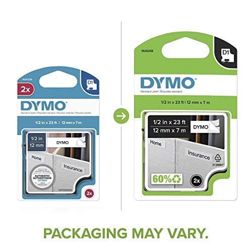 DYMO Authentic D1 Labels 1/2-Inch x 23-Foot Roll Black Print on White Self-Adhesive For LabelManager Label Makers 2-Pack - size: 2 Pack