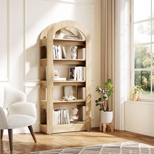 LITTLE TREE 5-Tier Bookshelf, Arch-Shaped Racks, Tall Standing Wooden Bookcase Display Shelf Modern Storage Solution (1, Teak Color) - color: Teak Color, size: 1
