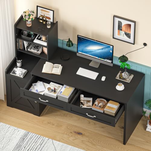 60" Computer Desk with Drawers & Bookshelves for Bedroom, Home Office - color: Black