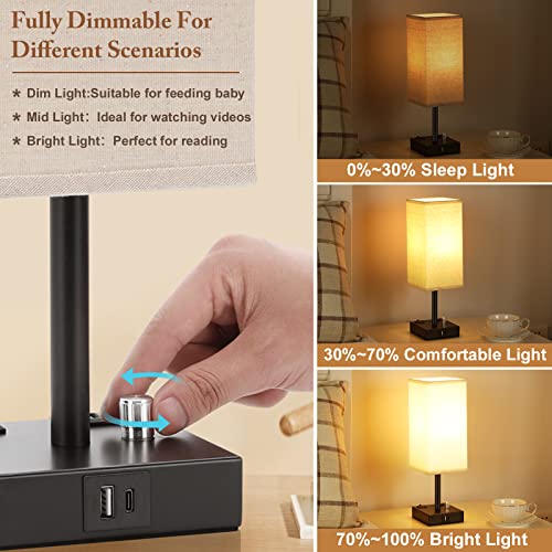 Bedside Table Lamps Set of 2 for Bedroom - Dimmable, USB C+A, 2 AC Outlets | Stepless Dimmable by Rotary Knob, 3000K LED Bulbs Included, Square Beige Linen Shade, Nightstand Lamp for Living Room, Desk - color: Beige