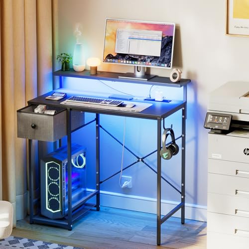 X-cosrack 33.5" Small Gaming Desk with LED Lights & Long Monitor Stand, Compact Computer Desk with Power Outlets & CPU Stand, Gamer Table with Storage Drawer for Home Office, Bedroom Corner, Black - color: Black, size: 33.5" with Long Monitor Stand