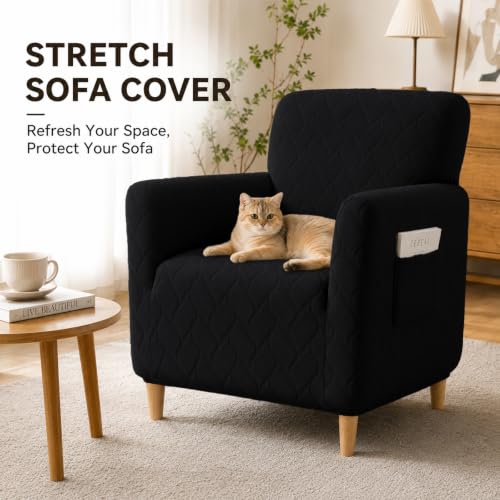 LiveGo Stretch Mid Century Modern Armchair Slipcover 1-Piece Jacquard Accent Chair Covers with Arms Soft Waterproof Chair Slipcovers for Living Room Furniture Protector Office (Black-03) - color: Black-03