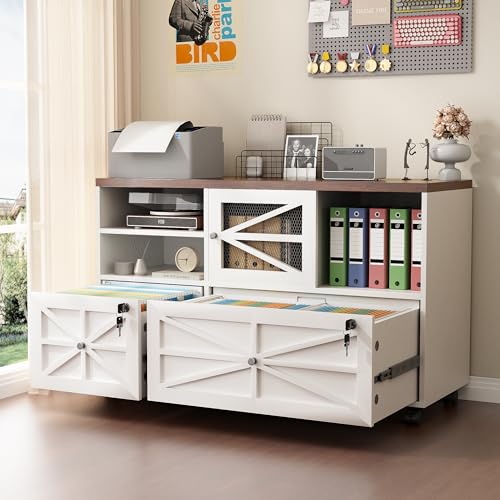 2 Drawer Farmhouse File Cabinet with Lock, Mobile Lateral Filing Cabinet for Letter/Legal/A4 Size, Open Storage Adjustable Shelf for Home Office Cabinets,White - color: White Farmhouse-2 Drawers
