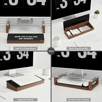 Desktop Black Glass Dry Erase Board with Wood Organizers for Small Office Supplies, Desk Whiteboard with Drawer for Home Office Cubicle, Accessories Included, Yeoux | Build With Soild Walnut Wood & Tempered Glass, Small Office Supplies Storage, For Home a