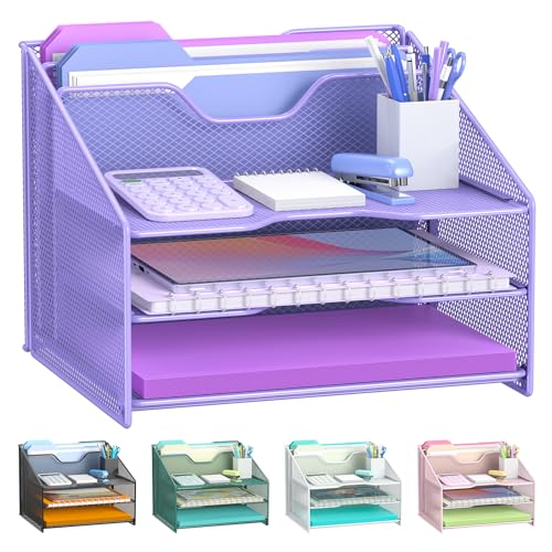 Samstar Purple Desk File Organizer, Mesh Letter File Folder Holder with 3 Paper Trays and 2 Vertical Upright Section, for Office Supplies, Desk Accessories & Workspace, Purple - color: 1 Pack Purple