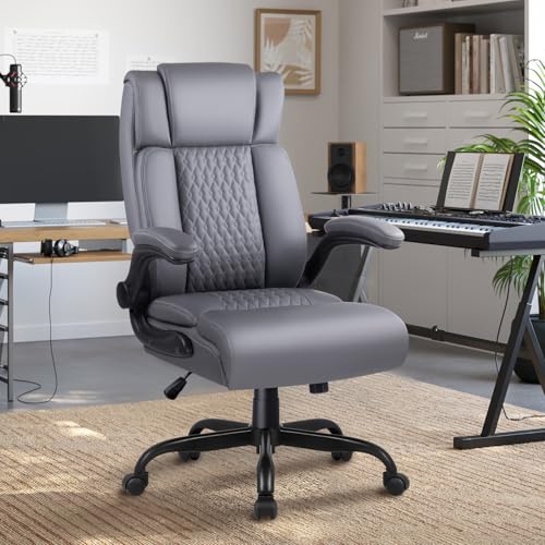 OFIKA Executive Office Chair Heavy Duty Office Chair Padded Flip Up Armrest, Computer Gaming Chair PU Leather Desk Chair, High Back Big and Tall Office Chair with Lumbar Support (Gray) - color: Flip Up Armrest-gray