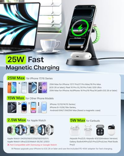 25W Fast 3 in 1 Charging Station for iPhone 17 Pro Max/16, iWatch & AirPods | Wireless Charger Compatible with MagSafe, for Multiple Apple Devices, Magnetic Charging Stand, with PD 45W Adapter - size: 25W Max for Phone