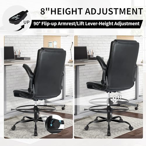 Misolant Drafting Chair with Footrest Ring, Tall Office Chair for Standing Desk, PU Faux Leather Bar Counter Height Chairs with Adjustable Height, 360° Swivel Wheels for Garage Office, Black - color: Black