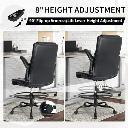 Misolant Drafting Chair with Footrest Ring, Tall Office Chair for Standing Desk, PU Faux Leather Bar Counter Height Chairs with Adjustable Height, 360° Swivel Wheels for Garage Office, Black - color: Black