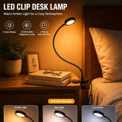 USB Clip-On Lamp Eye Caring Dimmable Reading Light (Amber+Cool White, 8W) | Dimmable, Inline Switch, 1MTimer, USB 5V Port, 1800K+6000K, 81inch Long Cable, Flexible Gooseneck, Metal Head and Clip - color: Amber + Cool White