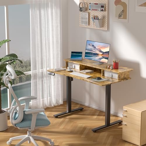 MSZ Sit & Standing Desk, Adjustable Height Electric Sit Stand Up Down Computer Table, 48x24 Inch Ergonomic Rising Modern Lift Motorized Gaming Desktop Work Home Office (Brown-Single Bookcase) - color: 5-brown-single Bookcase