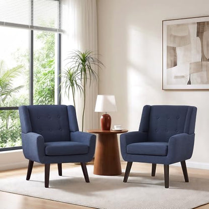 HUIMO Living Room Chairs Set of 2,Upholstered Button Linen Accent Chair | Mid Century Fabric Modern Armchair,Comfy Arm Club Sofa Chairs for Living Room Reading Bedroom,Waiting Room Dark Blue 2PCS - color: Dark Blue