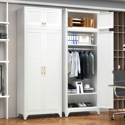 Steeloong 86"Armoire Wardrobe Close,Metal Wardrobe Cabinet with Hanging Rod | White Closet Cabinet with Doors and Adjustable Shelves,Freestanding Clothing Storage Cabinets for Bedroom Office,Gym,Hospital - color: White, style: 86"H Wardrobe
