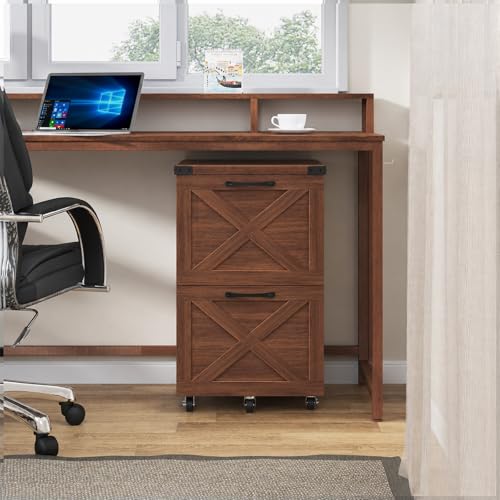 Halitaa Farmhouse 2 Drawer Small File Cabinet with Wheels, Walnut | Vertical Filing Cabinet Fits A4 or Letter Size, Wooden Printer Stand, Under Desk Rolling File Cabinet for Home Office - color: Walnut