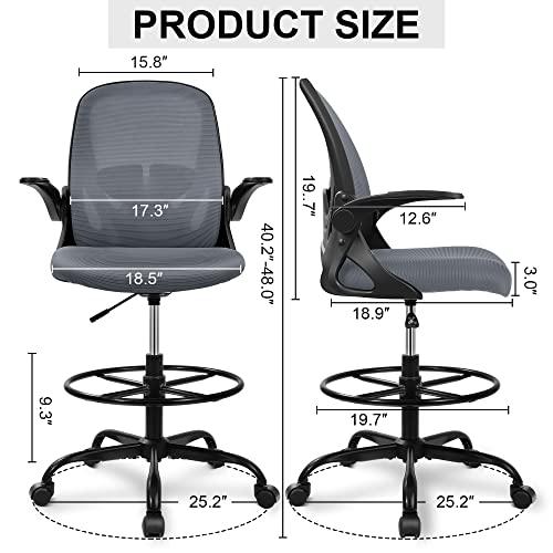 Primy Drafting Chair Tall Office Chair with Flip-up Armrests Executive Ergonomic Computer Standing Desk Chair with Lumbar Support and Adjustable Footrest Ring（Dark Gray） - color: Dark Gray, size: 934-Z