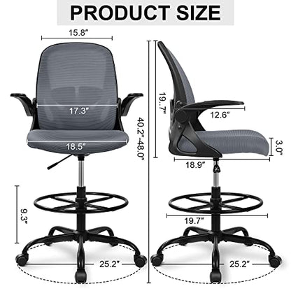 Primy Drafting Chair Tall Office Chair with Flip-up Armrests Executive Ergonomic Computer Standing Desk Chair with Lumbar Support and Adjustable Footrest Ring（Dark Gray） - color: Dark Gray, size: 934-Z