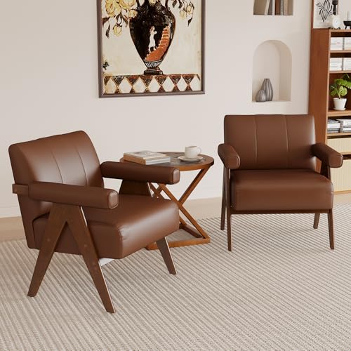 JIASTING Mid Century Modern Accent Chair Set of 2, Brown Leather Armchair | JIASTING, Small, Comfy, Wood Arms, Living Room Bedroom, Office - color: Brown