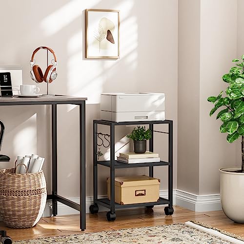 MAHANCRIS Printer Stand, 3-Tier Under Desk Rolling Cart with Storage Shelf, Heavy Duty Printer Table with Wheels for Home Office, Printer Shelf with 2 Hooks, for Small Spaces, Black PTHB4001V - color: Black