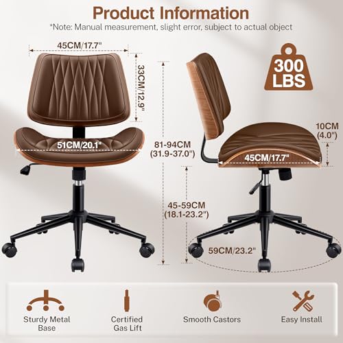 Ergonomic Armless Office Desk Chair - Mid-Century Modern Khaki Faux Leather with Diamond Stitch, Adjustable Height Swivel Rolling Task Computer Chair with Walnut Accent for Home Office, Study & Work - color: Khaki, size: 1 Pack