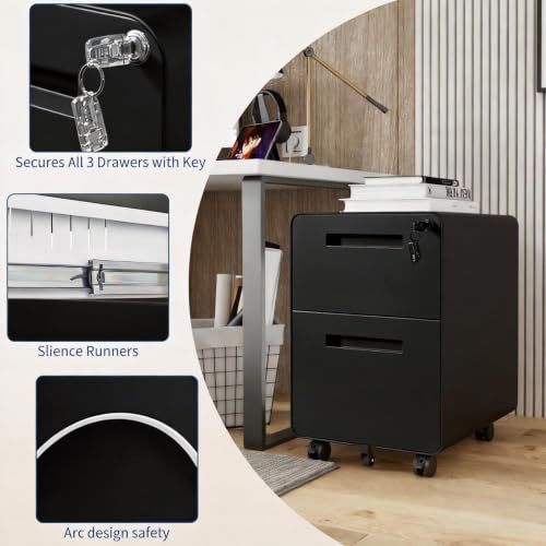 Garvee Mobile File Cabinet with Lock, 2 Drawer File Cabinet with Lock | 2 Drawer Under Desk Metal Rolling Filing Cabinets for Home Office Legal/Letter File Folders, Fully Assembled - color: Black Color
