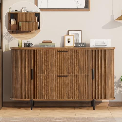 SEDETA 2 Drawer File Cabinet, 39.4" Filing Cabinet for Home Office, fit Legal/Letter/A4 Size, Light Luxury Fluted Filing Cabinets with 2 Sliding Door Storage, Printer Stand, Brown - color: Brown