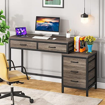Little Tree 5 Drawers Computer Desk, Desk with Reversible File Drawer Cabinet for Home Office,Grey - color: Grey