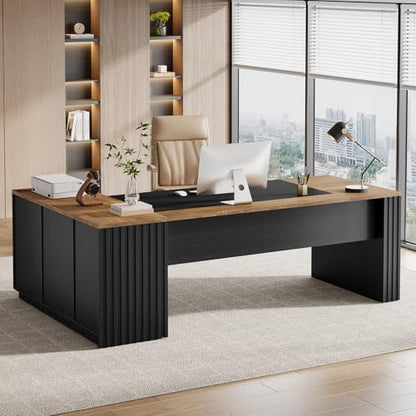 Tribesigns 78" L Shaped Executive Desk with Drawers, Large Office Computer Desk with Cabinet and Storage Shelves, Modern Business Furniture Sets Workstation for Home Office (Brown&Black) - color: Brown&black