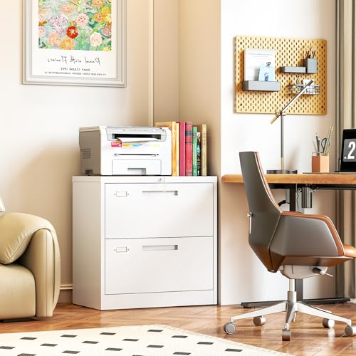 Metal Lateral 2 Drawer File Cabinet with Lock, Wide Filing Cabinet for Letter/Legal/F4/A4 Hanging Files, Storage Cabinet for Home Office School, White - color: White, size: 27.95"H x 28.35"W x 15.75"D