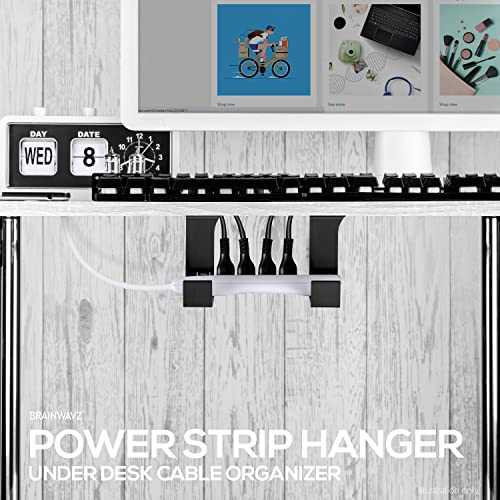 Under Desk Power Strip Mount Holder Raceway, Adhesive & Screw in, Compatible with Belkin, GE and Other Powerbars, Leads, Adapters, Cable Management Rack (Black), by Brainwavz